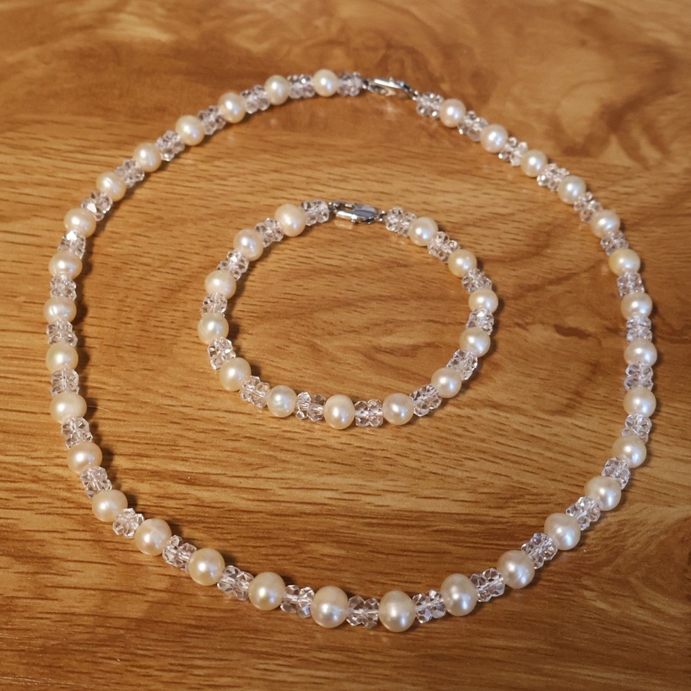 Faux Pearl Crystal Necklace Bracelet Set Wedding Bridal Coquette Bridesmaid